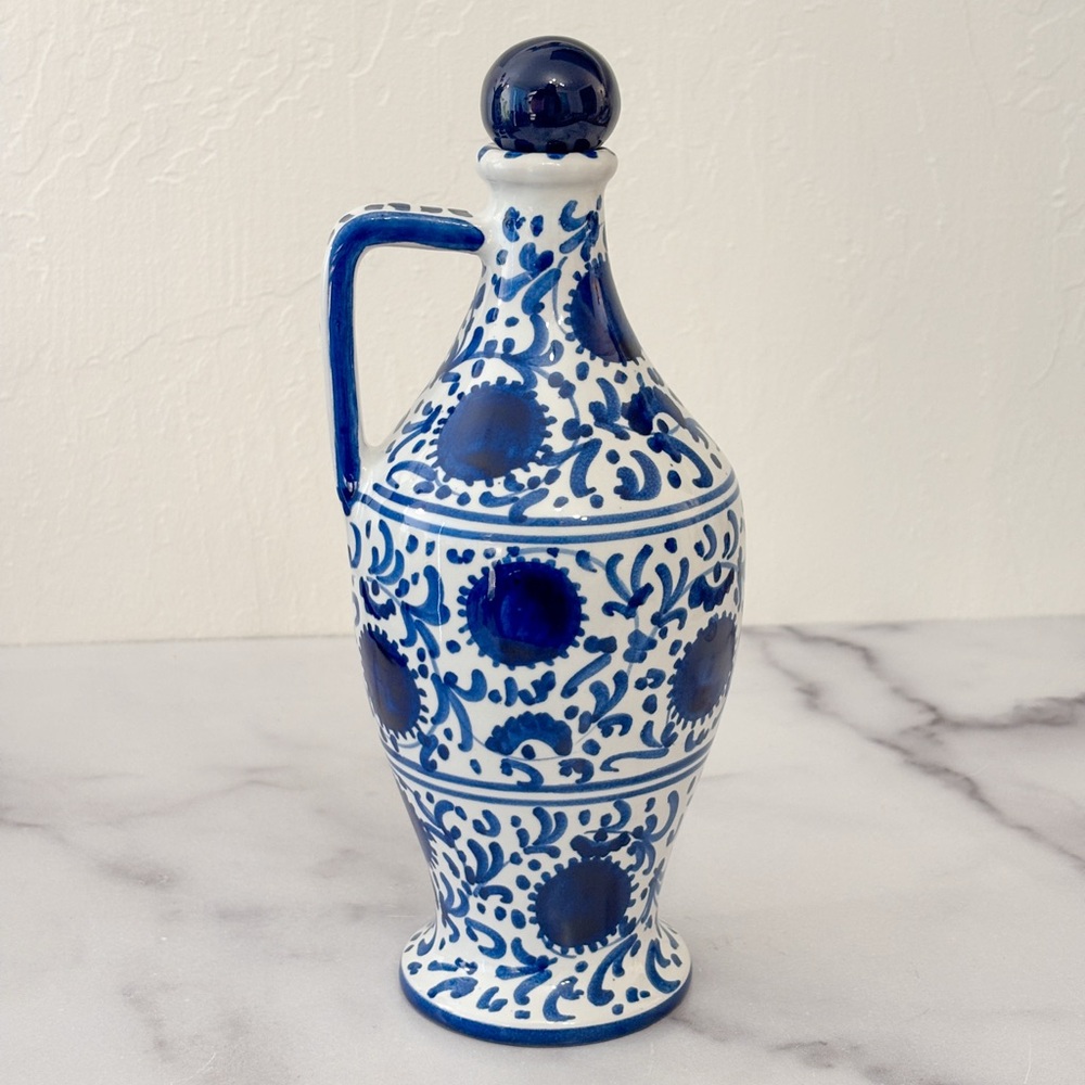 Vintage Italian Pottery White and Blue Pitcher with Cork Stopper Ceramic Jug